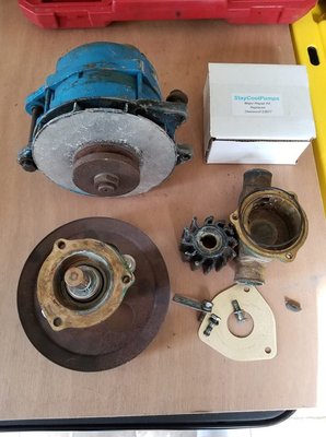 51593496_557635014717764_3450704801531166720_n.jpg (88.17 KiB) Viewed 34101 times Raw Water Pump ready to rebuild and alternator standing by. Likely replace with a 95A and keep this as a spare.